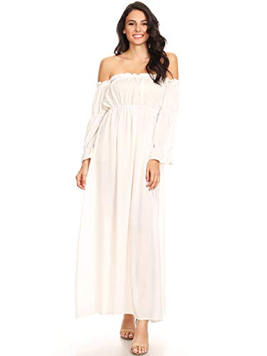 ANNA-KACI Damen Vintage Renaissance Mittelalter Kostüm Weiß Langarm Schluterfrei Unterkleid Maxi Kleid,Weiß,L