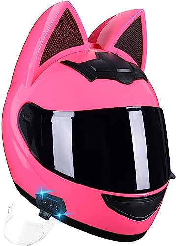 Mädchen-Motorradhelm Mit Katzenohren Bluetooth-Motorrad-Vollhelm Mit Abnehmbaren Ohren Motorradhelm DOT/ECE-Zulassung Für Scooter-Cruiser-Motorradrennen 5,M(54-56CM)