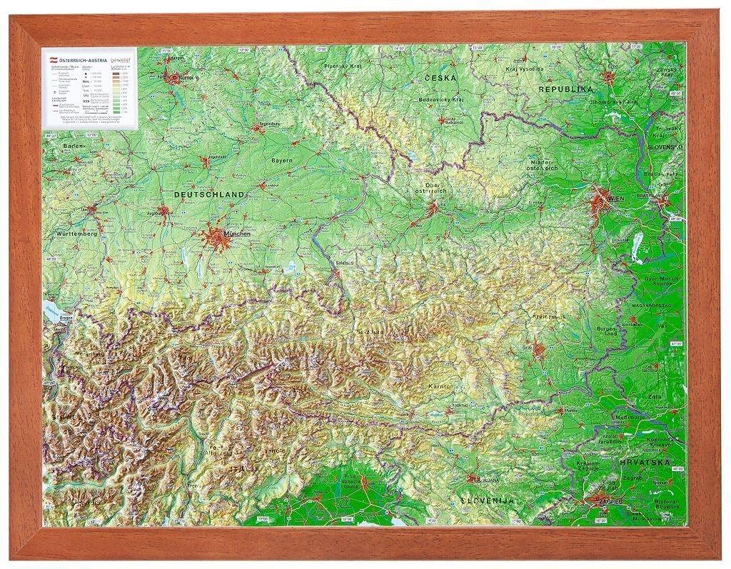 Österreich 1:1.6MIO mit Rahmen: Reliefkarte Österreich klein mit Holzrahmen: Tiefgezogenes Kunststoffrelief