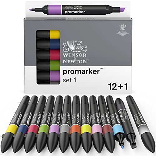 Winsor & Newton 0290137 ProMarker, Professioneller Layoutmarker - 2 Spitzen, fein und breit für Zeichnungen, Design und Layouts - 13 Farben Set 1