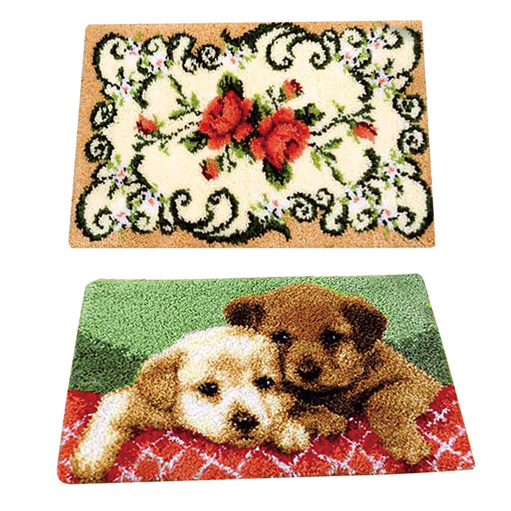 Tubayia 2 Set Knüpfteppich Blumen Hund Muster Kreuzstich DIY Teppich Bastelset Geschenk