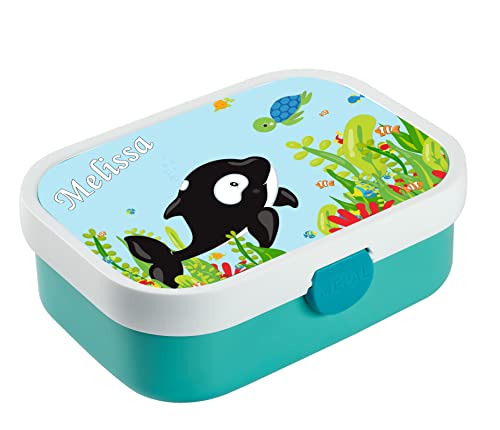 CreaDesign, Brotdose Kinder mit Fächern personalisiert Lunchbox Türkis mit Bento Einsatz, Brotbox mit Unterteilung Fische/Wal