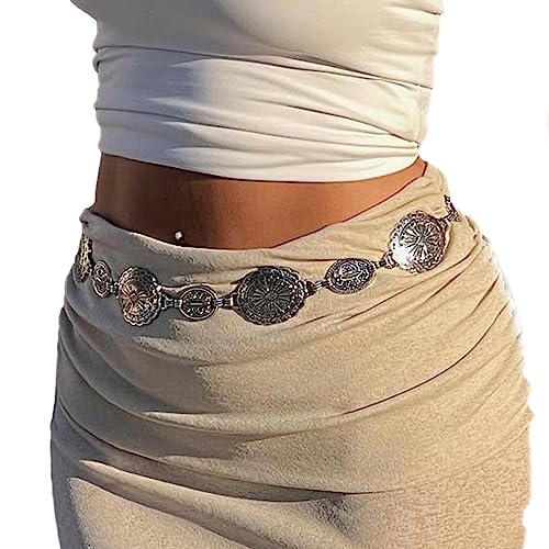 Haveratio Dünner Metallgürtel im Ethno-Stil für Damen, Damen-Kleidergürtel mit geschnitzter Blumenschnalle, Dekor, weibliches Taillenseil-Zubehör