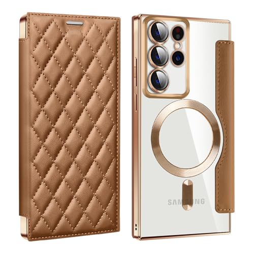 QANXGOG Hülle für Samsung Galaxy S24 Ultra/S24 Plus/S24, Hochwertiges Leder-Klappcover mit Transparenter PU-Rückseite, 3 Kartenfächern und Kameraschutz,Brown,S24 Ultra