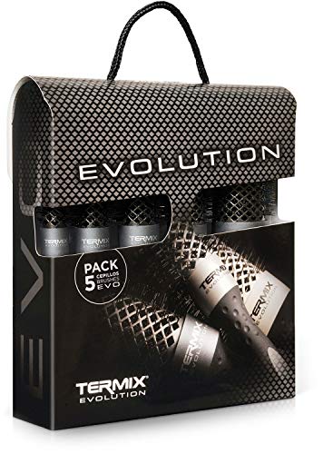 Termix Evolution Plus -Paket mit 5 Thermo-Rundbürsten mit leistungsstarken, ionisierten Borsten, speziell für dickes Haar. Die Packung enthält 5 Durchmesser