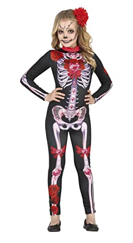 FIESTAS GUIRCA Día De Los Muertos Kostüm für Mädchen – Schicker langer Overall mit Skelett-Aufdruck, Blumen und Schmuck 7–9 Jahre