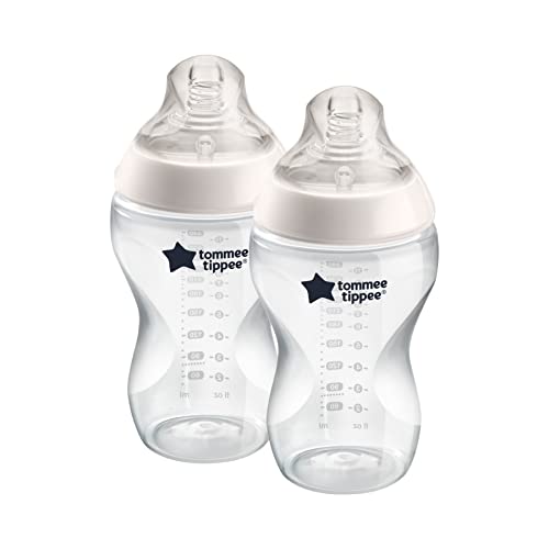 Tommee Tippee Closer to Nature Babyflaschen, Natürlich geformter Trinksauger mit Anti-Kolik-Ventil, 340 ml, 2er-Set, Klar (Farbe und Design kann variieren)
