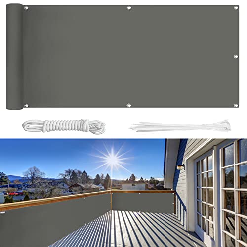 Balkon Sichtschutz 130×500cm Ohne Bohren, 100% Schutz der Privatsphäre,Blickdichte Balkonumspannung Windschutz UV-Schutz Gartenzaun Schwimmbad-Leitplanke,mit Ösen Kabelbinder und Kordel/Hellgrau