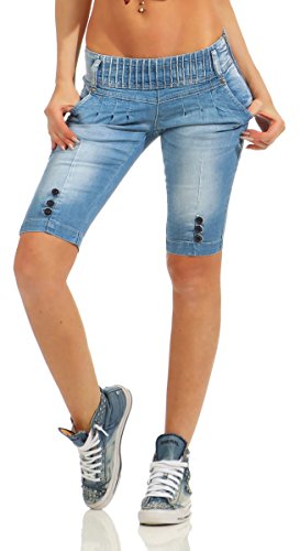 Fashion4Young 10900 Damen Jeans Bermuda Denim Shorts Kurze Hose Stretch Destroyed Baggy Bundfalten (blau, XL-42)