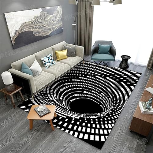 3D Optische Täuschungen Teppich 3D bodenloses Loch Vortex Teppich Visueller Teppich für Wohnzimmer Schlafzimmer Haus Schwarz Weiß Karierter Bereich Teppich