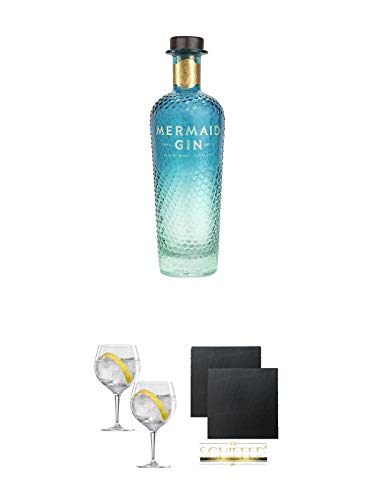 Mermaid Gin Isle of Wright 0,7 Liter + Spiegelau Gin & Tonic 4390179 2 Gläser + Schiefer Glasuntersetzer eckig ca. 9,5 cm Ø 2 Stück