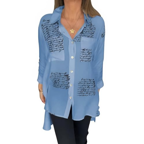VUIOYRG Modisches Revers-Hemd mit Buchstaben-Druck, sexy Damen-Hemden mit V-Ausschnitt, Revers-Hemd, langärmelige, lässige, lockere Bluse mit Knöpfen (Blau,2XL)