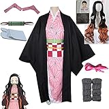 kelihood Japanische Anime Demon Slayer Cosplay:Kimetsu no Yaiba Nezuko Kamado Cosplay Kostüm Kimono Set mit Perücke,Geeignet für Cosplay-Comic-Ausstellungen-EIN_ganzes_Set_XL