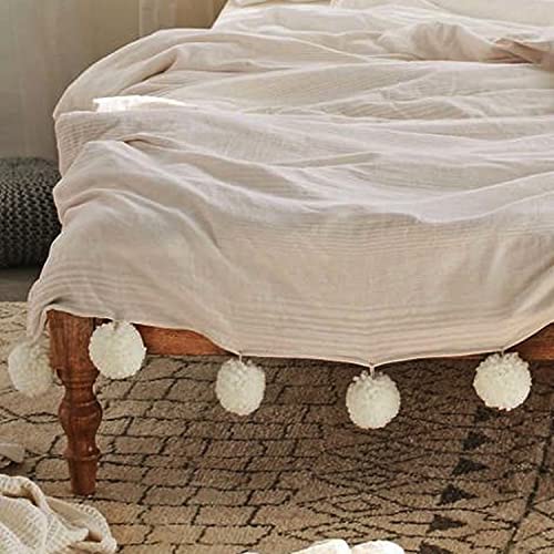 CIAL LAMA Dekorative Mehrzweckdecke aus 100% Baumwolle mit Pompons, Weiß, Beige, Boho-Stil, Bett, Sofa, 130 x 170 cm