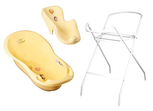 3er Set Baby-Badewanne Set ergonomische Babywanne 86 cm + Ständer Gestell + Badesitz Badewannensitz (gelb)