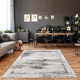 carpet city Teppich Grau Meliert Wohnzimmer - 80x150 cm - Bordüre, Rauten Muster - Moderne Teppiche Kurzflor