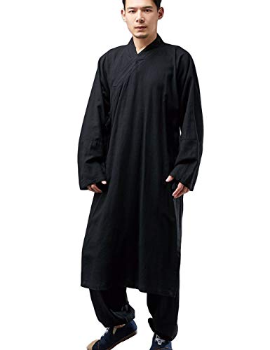 Shaolin Mönch Kung Fu Robe Kostüm Langes Kleid Meditationsanzug Baumwolle Leinen Mantel Casual Kaftan Kampfsport Kleidung, Mf-170 schwarz, Groß