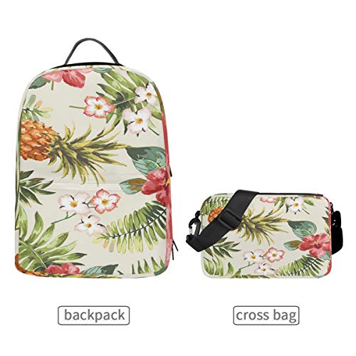 FAJRO Reiserucksack mit tropischen Blumen und Ananas-Muster und abnehmbarer Kreuztasche