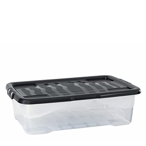 3 Stück - Strata Curve Unterbettbox mit schwarz Deckel, 42 Liter, 80x40x18cm - transparent