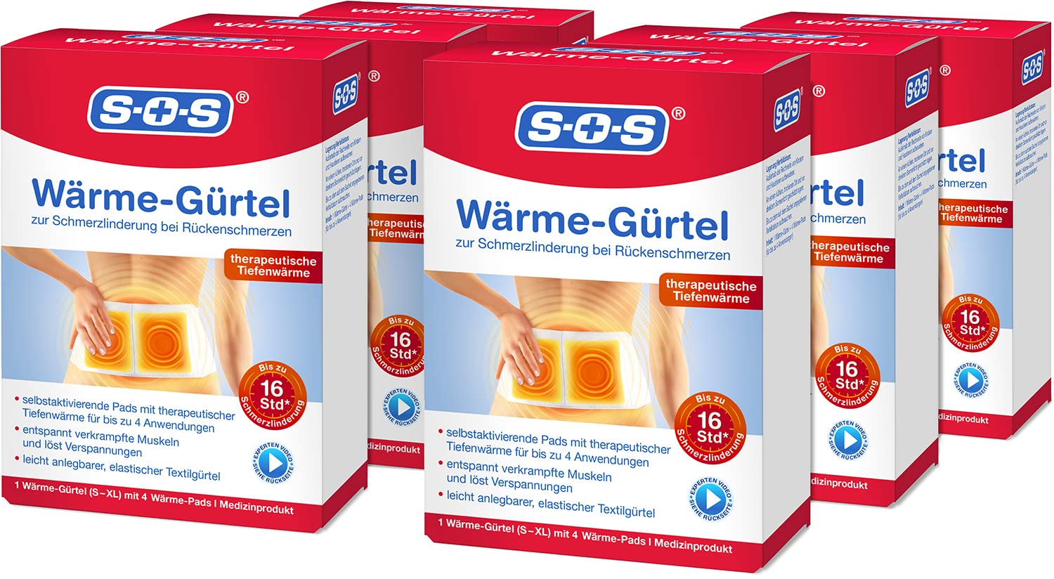 SOS Wärme-Gürtel, zur Schmerzlinderung bei Rückenschmerzen, Gürtel mit Wärmepads bei verkrampften Muskeln und Verspannungen (6 x Wärmegurt, je 4 Wärme Pads)