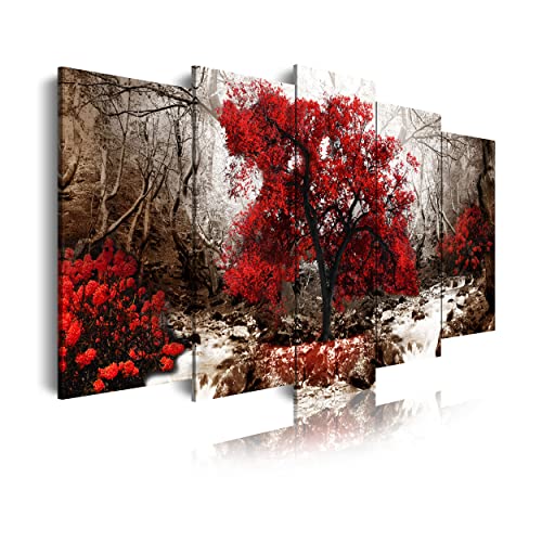 DekoArte 258 - Modernes Bild, digitalisierter Kunstdruck | Dekoratives Bild für den Salon oder das Schlafzimer | Stil Landschaft Ockerfarbener Hintergrund rote Bäume Natur | 5 Teile 150 x 80 cm