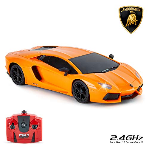 Lamborghini Aventador Offizielles Lizenziertes ferngesteuertes Auto mit Arbeitsscheinwerfern, funkgesteuertes RC-Auto im Straßenmaßstab 1:24, 2,4 GHz , großartiges Spielzeug (Orange)