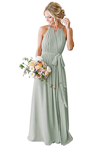 Beach Maid of Honor Gowns Elegant Long Halfter Plissee Flowy Rüschen Abend Party Kleider für Frauen, salbeigrün, 38