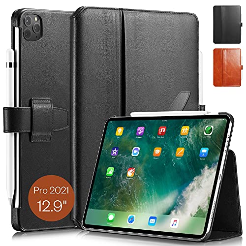 KAVAJ Lederhülle London geeignet für Apple iPad Pro 12.9" 2021/2020/2018 Hülle Cover Schwarz aus echtem Leder mit Stifthalter. Dünnes Echtleder Smart Case Schutzhülle Tasche