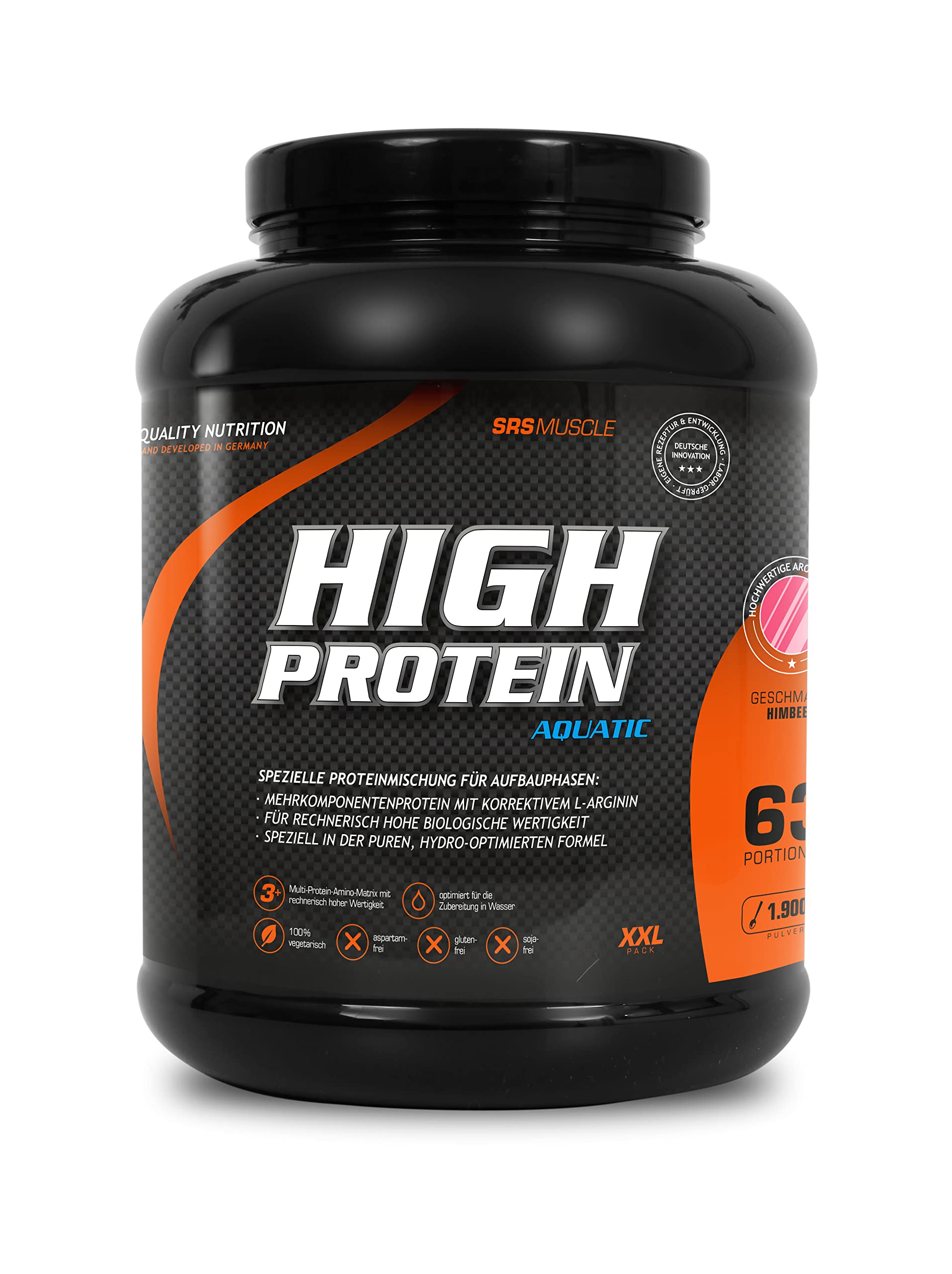 SRS Muscle - High Protein Aquatic XXL | 3+1 Mehrkomponentenprotein | optimiert auf biologische Wertigkeit | aspartamfrei | laktosereduziert | deutsche Premiumqualität (Himbeer, 1900 g)