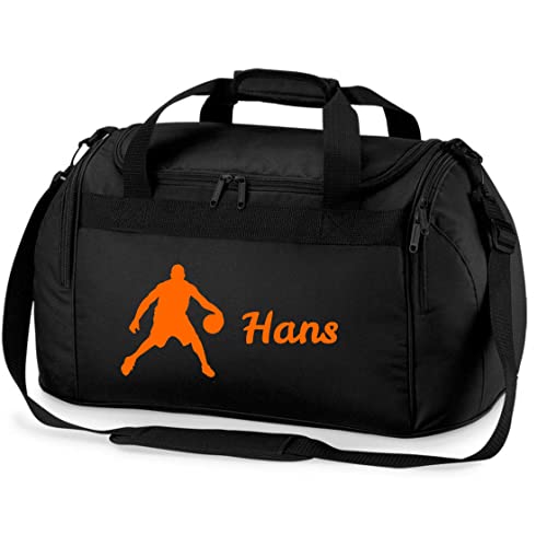 Sporttasche mit Namen Bedruckt für Kinder | Personalisierbar mit Motiv Basketball Spieler | Reisetasche Duffle Bag für Jungen Mädchen Sport (schwarz)