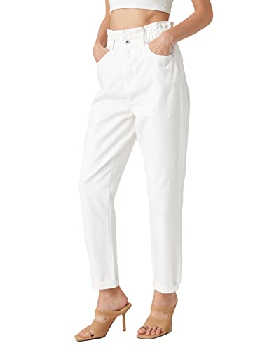 Koton Damen Elastic Waist Denim Trousers Relax Fit High - Mom Jean Pants, Off White (001), 36 EU