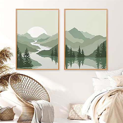 Reise Landschaft Leinwand Gemälde Salbeigrün Posterdruck Abstrakte Berge Wand Bilder Bild Wohnzimmer Dekoration Wohnkultur 50x70cmx2 Ungerahmt