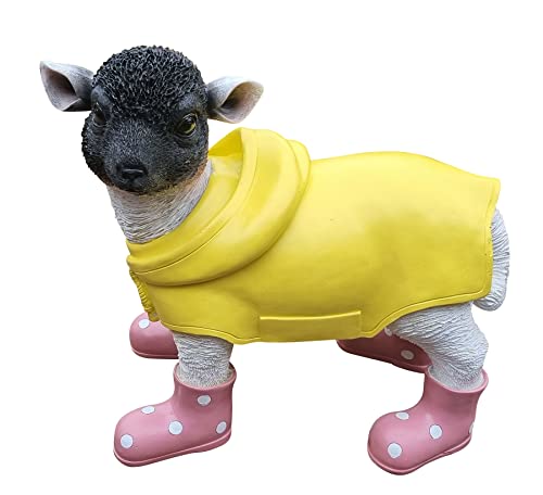 Fachhandel Plus Deko-Figur Lamm mit rosa Gummistiefel und Regenmantel lustige Tierfigur Schaf Gartendeko
