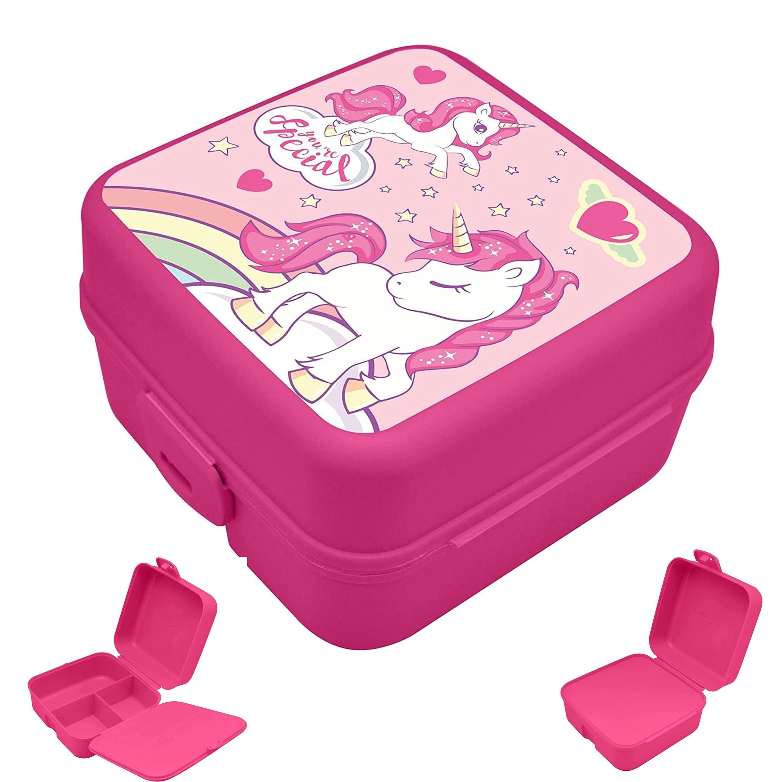 SRV Hub Quadratische Lunchbox mit Einhorn-Motiv, wiederverwendbar, Kunststoff, mit 3 Fächern, BPA-freie Sandwichbox für Kinder, Mädchen, ab 3 Jahren