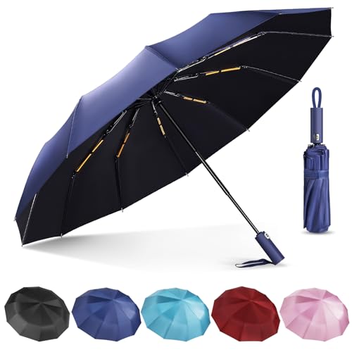 Lychico Regenschirm, winddichter Reiseschirm – kompakter, automatischer faltbarer Regenschirm für Regen, 12 Rippen, windabweisend, tragbare Regenschirme für Einhandbedienung, klein, leicht, starker