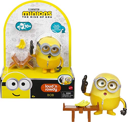 Minions GMF05 - ,,Minions: Auf der Suche nach dem Mini-Boss" Loud N’ Rowdy Bob, sprechende Actionfigur mit Bank, Filmfigur-Spielzeug für Kinder ab 4 Jahren