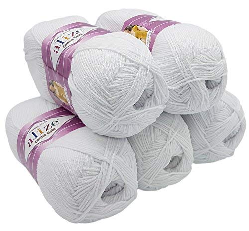 Alize Cotton gold 5 x 100g Strickwolle 55% Baumwolle, 500 Gramm Wolle einfarbig (weiß 55)