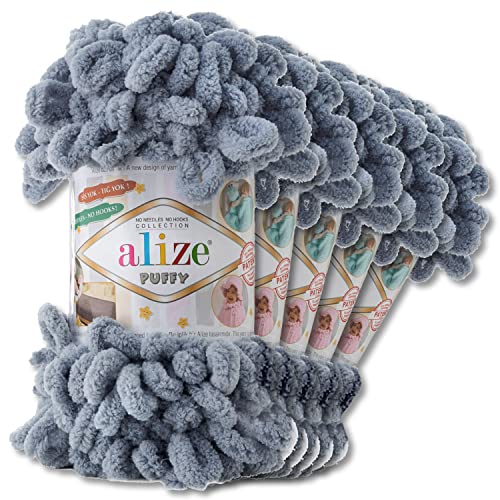 Alize 5 x 100 g Puffy Wolle Chenille Schlaufenwolle Häkeln und Stricken ohne Hilfsmittel Kleidung Accesoire Decken Teppiche (428 | Grau)