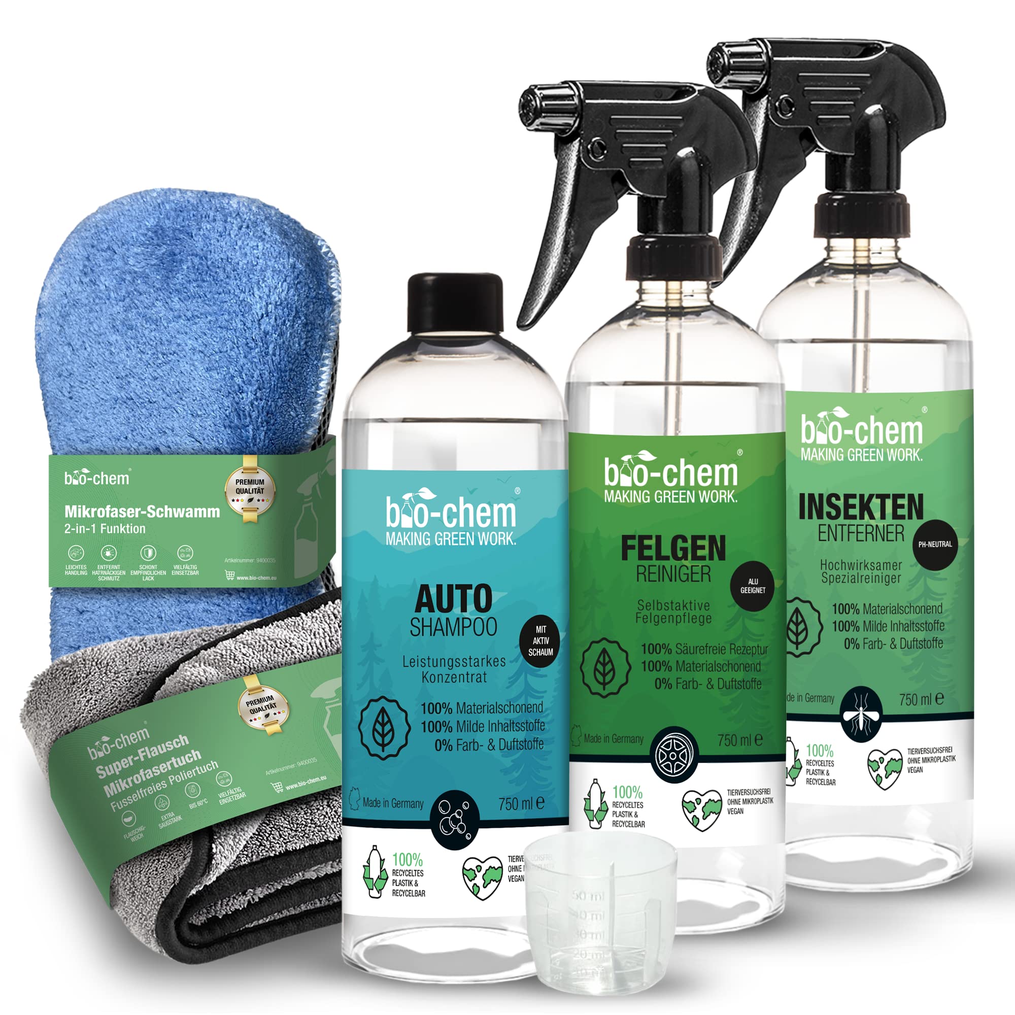 bio-chem Auto Reinigungsset Aussen Profi 5-teilig - für lackschonende Reinigung Aller KFZ-Oberflächen - Auto-Shampoo, Insektenentferner, Felgenreiniger, Flausch-Tuch & 2-in-1 Mikrofaser-Schwamm