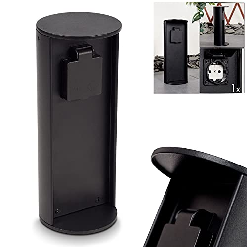 Steckdosensäule Stewart, zylindrische Säule aus Metall in schwarz, 1-fach Steckdose mit einer Höhe von 25,5 cm, Gartensteckdose mit Klappdeckel, IP44, 16A/250V Anschluss