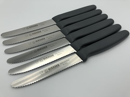 Giesser Messer 6er Set Brötchenmesser Tomatenmesser Küchenmesser 3mm Wellenschliff Klinge 11cm - Grau