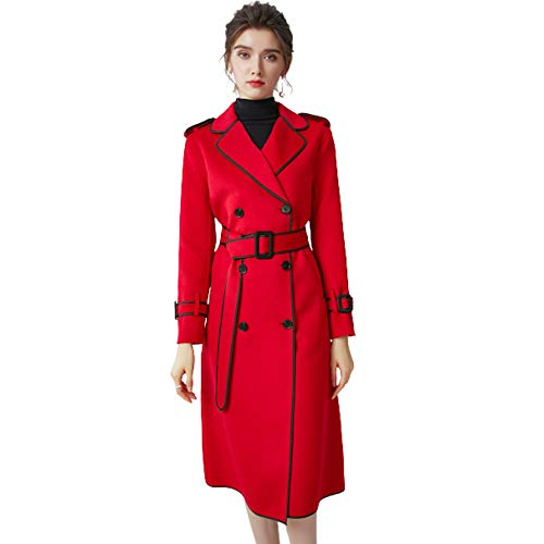 GL SUIT Womens Wolle Trenchcoats Erbsenmantel mit 95,7% Wolle & 4,3% Kaschmir, Herbst Winter leicht und weiche warme Lange Mantel Jacken Outwear mit Gürtel,Rot,L