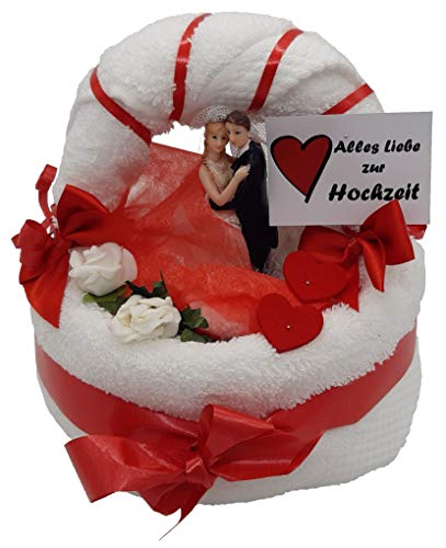 Frotteebox Geschenk Set Brautpaar auf Torte in Handarbeit geformt aus 2X Gästetuch (50x30cm) und 1x Gästetuch (30x30cm) weiß