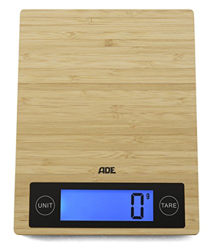 ADE Digitale Küchenwaage KE 1128 Ramona (Elektrische Waage mit Wiegefläche aus echtem Bambus, präzise bis 5 kg, LCD-Display, Sensor-Touch) braun