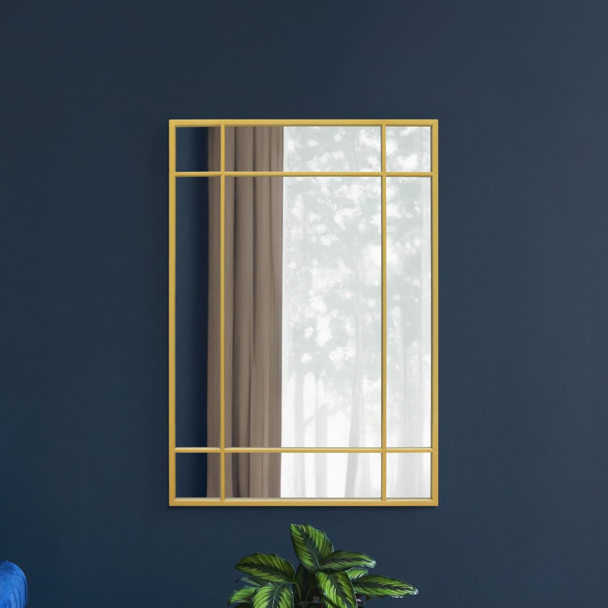 MirrorOutlet The Fenestra – Gold Moderner Wandspiegel, 100 x 70 cm, silberfarbenes Spiegelglas mit schwarzem Metallrahmen