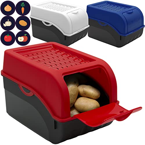 ARTECSIS Kartoffel Aufbewahrungsbox 3er Set I Gemüsebox Kartoffelbox mit Deckel, 5 l, Blau/Weiß/Rot + 6 Aufkleber/Obst, Gemüse
