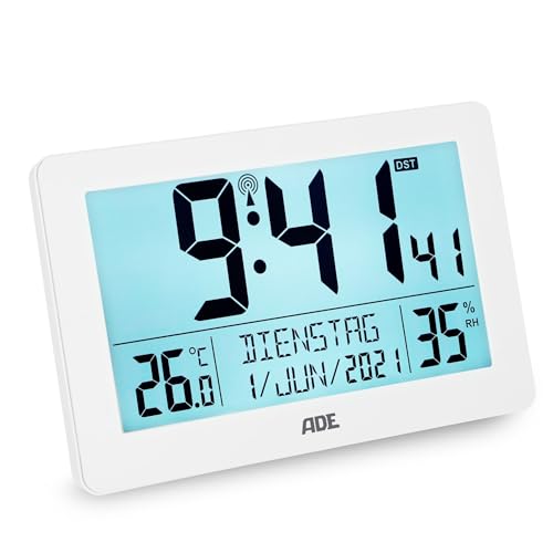ADE Digitale XL-Funkuhr mit sehr großen Ziffern | Tischuhr mit 2 Weckzeiten und Beleuchtung | Thermometer & Hygrometer | batteriebetrieben | Uhr zum Hinstellen | schmaler weißer Rahmen