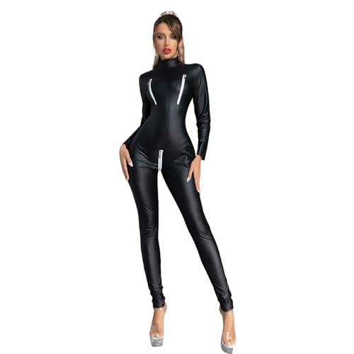 Damen-Bodysuit Aus Metallic-PVC-Leder Mit Langen Ärmeln, Nachtclub-Kostüm (Color : Black, Size : XL)