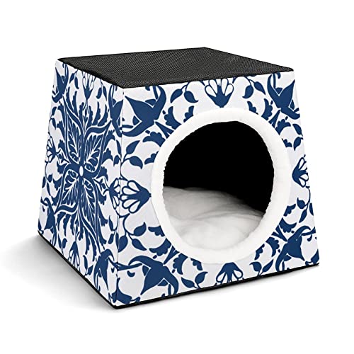 Personalisiert Katzenhöhle Katzenhaus für Katzen Bedruckte Haustier Haus Katzenbett Katzenwürfel Stabil und Warm Blaues Retro-Muster