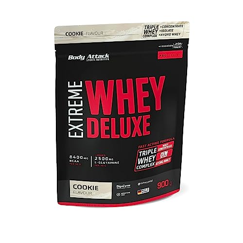 Body Attack Extreme Whey Protein Deluxe - hoher Eiweisgehalt - schnelle Nährstoffverarbeitung - fettarm & zuckerreduziert - 2500mg L-Glutamine - 8 B-Vitamine, Cookies n Cream, 900g, Dose Eiweißpulver
